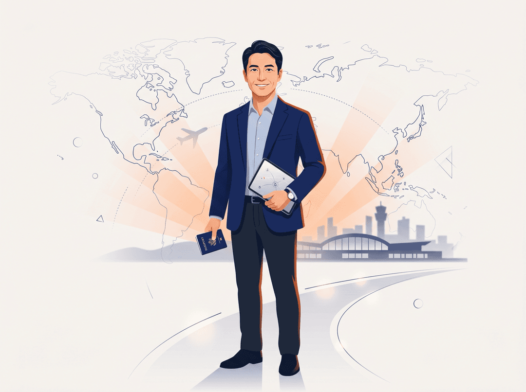 パスポートを持ち、世界地図と街並みを背に海外勤務に備える日本人プロフェッショナル。